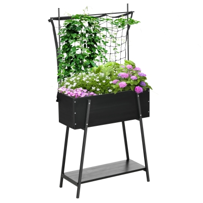 Outsunny Hochbeet mit Rankhilfe, inkl. 1 Ablage, Massivholz, 89 cm x 34 cm x 168 cm, Schwarz