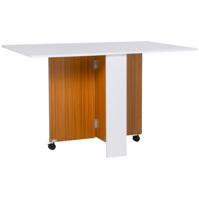 HOMCOM Folding Dining Table Writing Desk Workstation w/ Casters Teak Colour, White