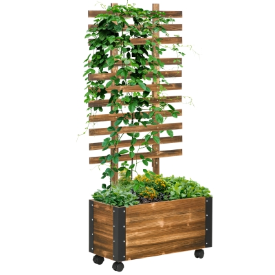 Outsunny Hochbeet mit Rankhilfe, 4 Rollen, behandeltes Massivholz, 65 cm x 31 cm x 147 cm, Schwarz + Braun