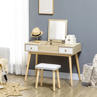 HOMCOM Dressing Table Set with Flip Top Mirror and Cushioned Stool, Makeup Vanity Dressing Table Dresser Desk with 2 Drawers and Storage Grids for Bedroom, Natural