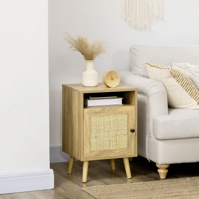 HOMCOM Mesa de Cabeceira com Porta de Vime e Compartimento Aberto Mesa Auxiliar para Dormitório Sala de Estar 39x35x60cm Madeira
