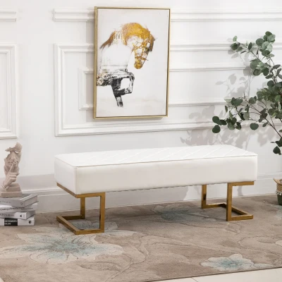 HOMCOM 120cm Long Ottoman Bench PU Leather Bed End Lounge Sofa with Gold Electroplated Legs for Bedroom Living Room Entryway White