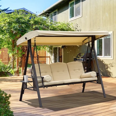 Outsunny 3-Seater Swing Chair Steel Canopy Beige