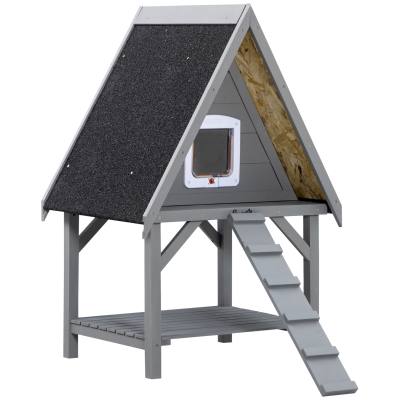 Pawhut Katzenhaus mit 2 Ebenen, 2 Katzenhöhlen, 2 Rampen, wetterbeständig, Dunkelgrau + Schwarz