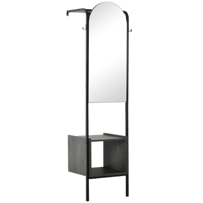 HOMCOM Perchero de Pared con Zapatero y Espejo Mueble de Recibidor con Barra para Colgar y 2 Ganchos 44x40x176 cm Negro