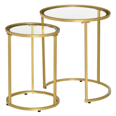 HOMCOM Juego de 2 Mesitas Auxiliares Anidadas con Estructura de Metal y Encimera de Cristal Ø50x58 cm y Ø37x51 cm Dorado