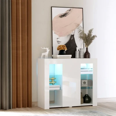 HOMCOM Aparador Moderno com Luzes LED Móvel Buffet com 1 Porta com Fechamento a Pressão e Prateleiras Ajustáveis Controle Remoto 97x35x83cm Branco