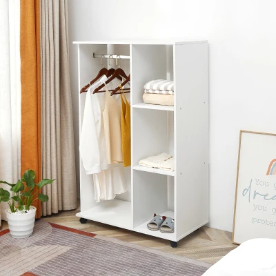 HOMCOM Roupeiro de Madeira Móvel Armário Roupeiro Aberto com Barra para Pendurar e 3 Prateleiras Organizadoras 80x40x128cm Branco