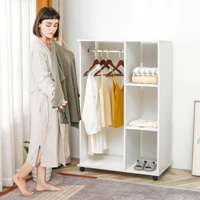 HOMCOM Roupeiro de Madeira Móvel Armário Roupeiro Aberto com Barra para Pendurar e 3 Prateleiras Organizadoras 80x40x128cm Branco