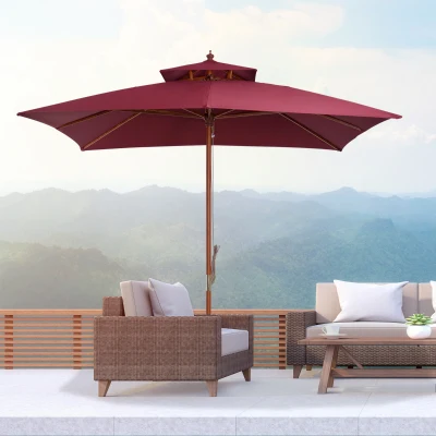 Outsunny Garden Parasol Wooden Double Tier 3x3m Wine Red