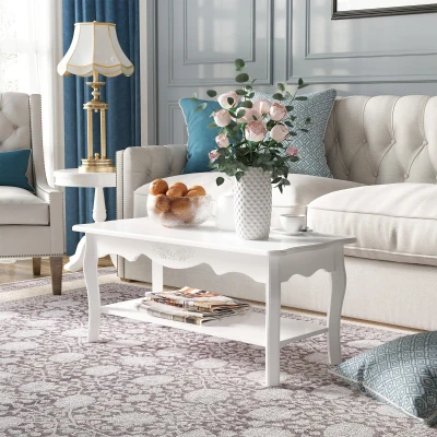 HOMCOM White Coffee Table Wood Cocktail Tea Centre Table with Storage Shelf for Living Room Reception Room, 94L x 44W x 42H cm