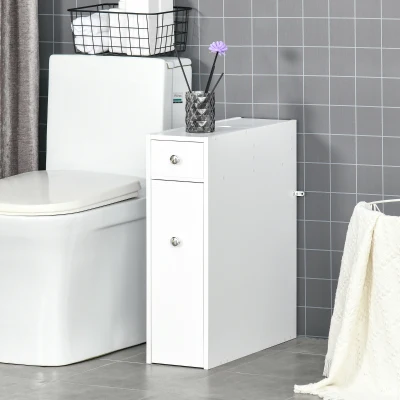 HOMCOM Bathroom Slim Floor Cabinet Narrow Wooden Storage Home Bath Toilet Cupboard Organiser Unit with Drawers White