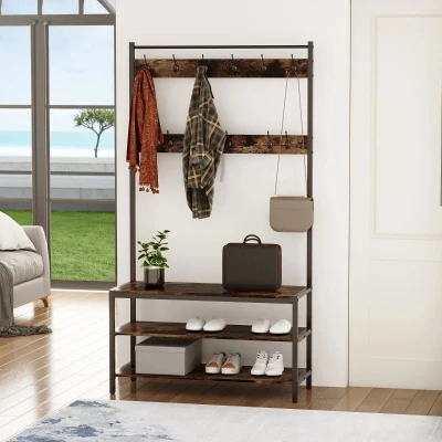 HOMCOM Cabide com sapateira Cabide com 12 ganchos Banco estilo industrial com 3 prateleiras Estrutura metálica 100x40x184 cm Castanho Rústico e Preto