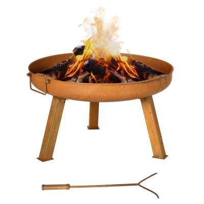Outsunny Feuerschale mit Schürhaken, für Garten, Camping, Terrasse, Eisen, rostbraun, 71 x 60 x 36 cm
