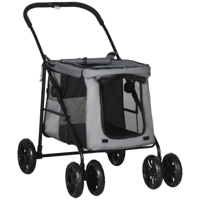 PawHut Hundetrolley inkl. Kissen, 3 Seitentaschen, klappbar, Hundewagen, 102 cm x 62 cm x 105 cm, Grau + Schwarz