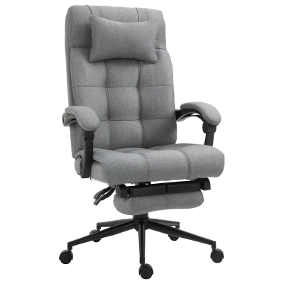 Vinsetto Fauteuil de bureau chaise de travail dossier hauteur réglable pivotant 360° repose-pied appui-tête lin rembourrage mousse 66 x 70 x 116-124 cm gris clair noir