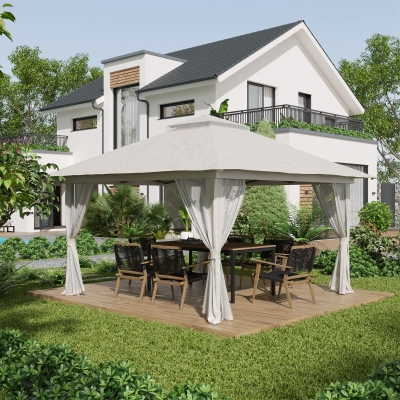 Outsunny Tenda Dobrável Pop-Up com Altura Ajustável Proteção UV50+ Rede Mosquiteira e Bolsa de Transporte com Rodas 3,92x3,92x2,83m Creme