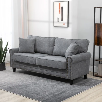 HOMCOM Sofá de 2 Lugares Estofado em Poliéster com 2 Almofadas Pés de Madeira de Borracha 196x80,5x89cm Cinza