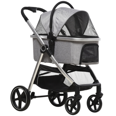 PawHut 2- in-1 Hundbuggy inkl. Kissen, klappbar, 1 Aufbewahrungskorb, 83 cm x 58 cm x 102 cm, Hellgrau + Silber