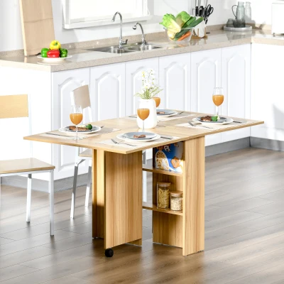 HOMCOM Drop Leaf Dining Table with Storage Shelves, Folding Kitchen Table, Writing Desk with 2 Wheels, Brown