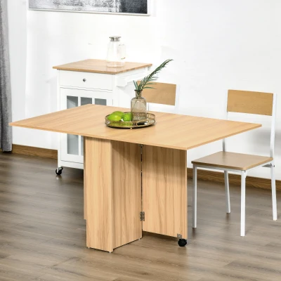 HOMCOM Drop Leaf Dining Table with Storage Shelves, Folding Kitchen Table, Writing Desk with 2 Wheels, Brown