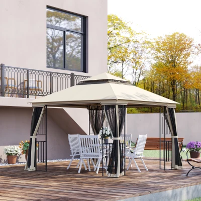Outsunny 3 x 3m Outdoor Patio Gazebo Canopy with Double Tier Roof, Removable Mesh Curtains, Display Shelves, Top Hooks, Beige