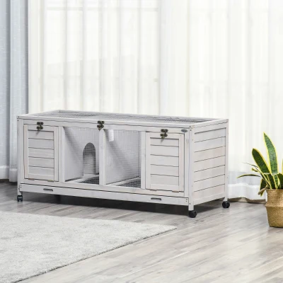 PawHut Wooden Rabbit Hutch, Mobile Guinea Pig Cage, Separable Bunny Run, Small Animal House for Indoor Outdoor with Wheels, Slide-out Tray, 138 x 53 x 61cm, Light Grey