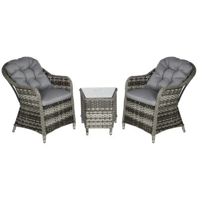 Outsunny 3 PCS Rattan Seating Set | 2 Armchairs & Table | Outdoor Patio Furniture, Bistro Set w/ Cushions Glass Tabletop