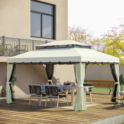 Outsunny 3 x 4 m Aluminium Metal Gazebo Marquee Canopy Pavilion Patio Garden Party Tent Shelter with Nets and Sidewalls - Cream White