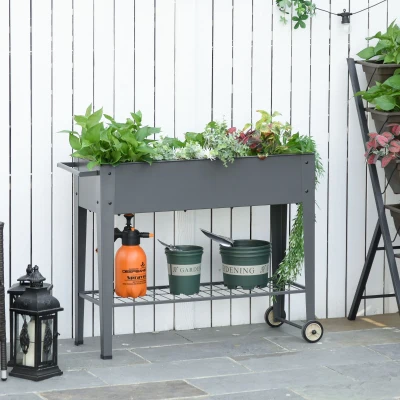 Outsunny Metal Raised Garden Bed with Wheels, Mobile Planter Box with Bottom Shelf for Plants and Flowers, Outdoor, Grey