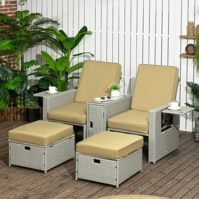 Outsunny 5PC PE Rattan Sun Lounger - Outdoor Wicker 5-Level Adjustable Recliner Sofa Bed with Storage Side Table and Footstools, for Patio, Garden, Poolside, Beige