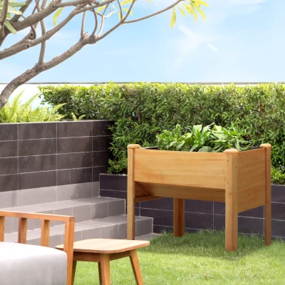 Outsunny 48.75''x23.5''x32'' Wooden Raised Garden Plant Stand Outdoor Tall Flower Bed Box with Hooks, Nature Wood Color