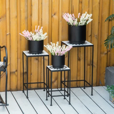 Outsunny 3-Piece Metal Plant Stand, Stackable Flower Display Rack with Ceramic Tile Surface for Garden, Balcony, Black and White