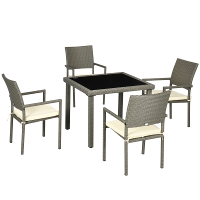 Outsunny Set da Esterni in Rattan PE da 5 Pezzi, Tavolo da Giardino con Piano in Vetro e 4 Sedie con Cuscini, Grigio