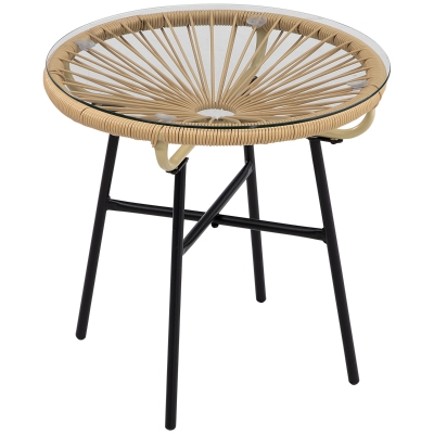 Outsunny Mesa Auxiliar de Ratán Sintético Redonda para Exteriores con Encimera de Vidrio Templado Ø50x50 cm Beige