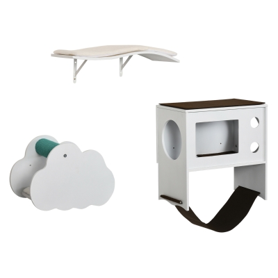 PawHut Juego de Escalada para Gatos de Pared de 3 Piezas con Caseta Plataformas Hamaca y Poste de Sisal Blanco