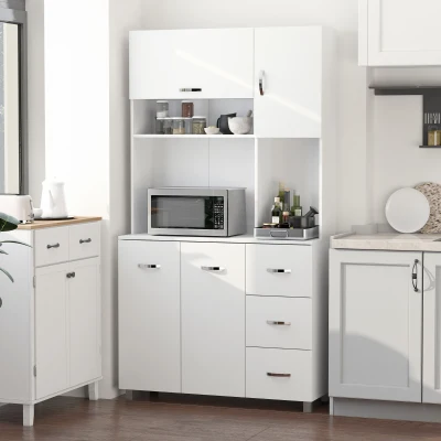 HOMCOM Armário de Cozinha Armário Alto com 3 Gavetas 4 Portas Prateleiras Interiores Ajustáveis e Pés Elevados Móvel Auxiliar para Sala de Jantar Sala de Estar 100x39,5x183,5cm Branco