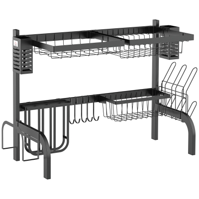 HOMCOM Escurreplatos de Acero de 2 Niveles para Fregadero con Diferentes Soportes y 5 Ganchos 65x31,5x52,5cm Negro
