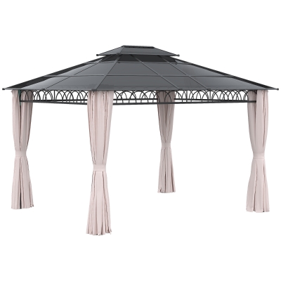 Outsunny Cenador de Jardín con Techo Doble Cortinas Opacas y Mosquiteras para Patio Fiestas Terraza 3,6x3m Negro y Caqui