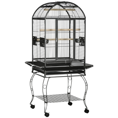 PawHut Jaula de Pájaros Metálica con Soporte con Ruedas 2 Puertas Perchas y Rejilla Deslizable 80x76,5x168cm Gris Oscuro
