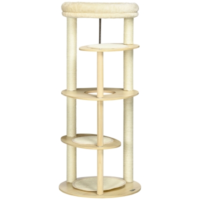 PawHut Árbol Rascador para Gatos de Madera con Múltiples Plataformas Cama Desmontable y Cojines Ø54x123,5 cm Roble