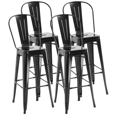 HOMCOM Juego de 4 Taburetes Altos de Cocina de Metal con Respaldo Alto y Reposapiés para Comedor 44x49x116 cm Negro