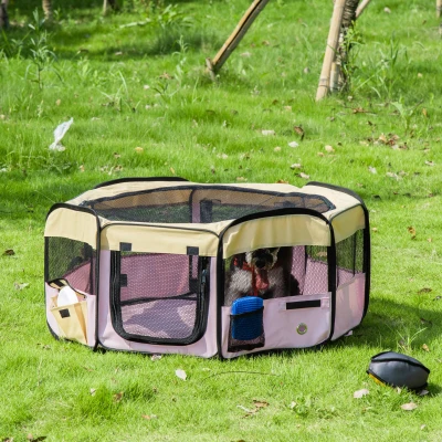 Pawhut Fabric Folding Pet Play Pen  8 Panels Octagon Shape Portable 37x37cm-Pink