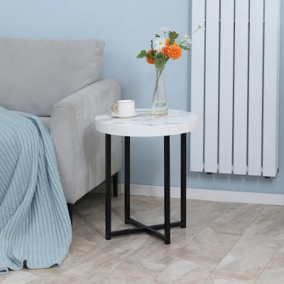 HOMCOM Round End Table with Metal Legs, Modern End Table Bedside Table for Living Room, Bedroom, White