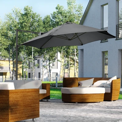 Outsunny Chapéu de Sol de Jardim Chapéu de Sol Excêntrico Rotação 360° com Abertura Manual e Base Cruzada Ø256x245cm Cinza Escuro