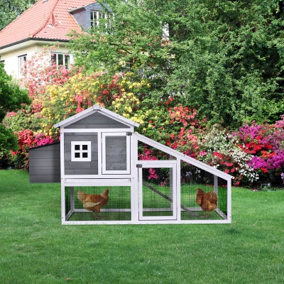 PawHut Chicken Coop with Run Backyard Wooden Hen House Poultry Coops Cages with Nesting Box Ramp Sliding Tray Outdoor Grey for 2-4 Chickens