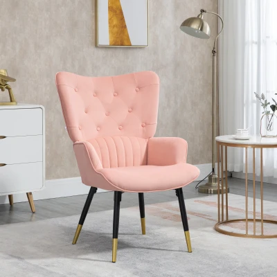 HOMCOM Poltrona Individual Estofada em Veludo com Encosto Alto Apoio para os Braços e Pés de Aço Estilo Moderno 68x72x103cm Rosa
