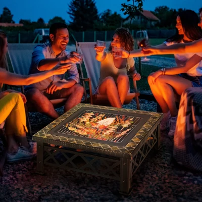 Outsunny Multifunctional 2-in-1 Patio Steel Fire Pit with Grill Shelf,  Poker,Handle 76Wx76Dx47Hcm for Yard Bonfire Patio Black