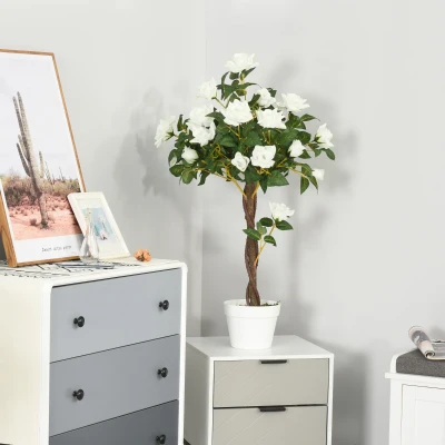 Outsunny Artificial Plants White Rose Floral in Pot, Fake Plants for Home Indoor Outdoor Decor, 90cm