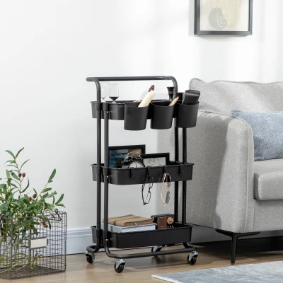 HOMCOM 3 Tier Utility Rolling Cart, Kitchen Cart with 3 Removable Mesh Baskets, 3 Hanging Box, 4 Hooks and Dividers for Living Room, Laundry, Garage, Black